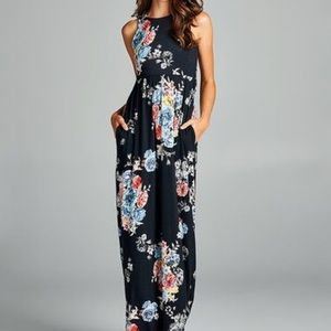 Black floral maxi dress with pockets
